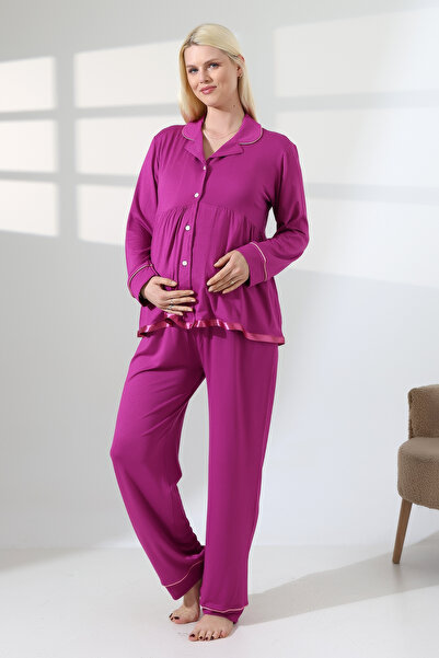 LadyMina Pijama Σετ Πιτζάμες Εγκυμοσύνης Lausa με Πλισέ Βελούδινη Υφή