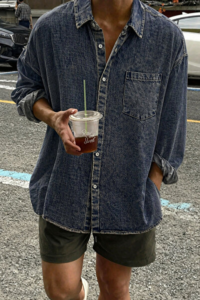 Tarz Cool Men's Oversize Denim Shirt – Washable Denim Shirt with Single Pocke...