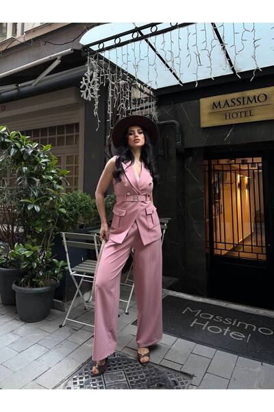 Bella Breeze Women's Belt Detailed Vest and Trousers Set Double Breasted Coll...