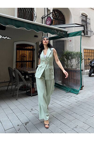 Bella Breeze Γυναικείο Κομψό Σετ Παντελόνι με Λεπτομέρεια Ζώνης και Γιλέκο, Δ...