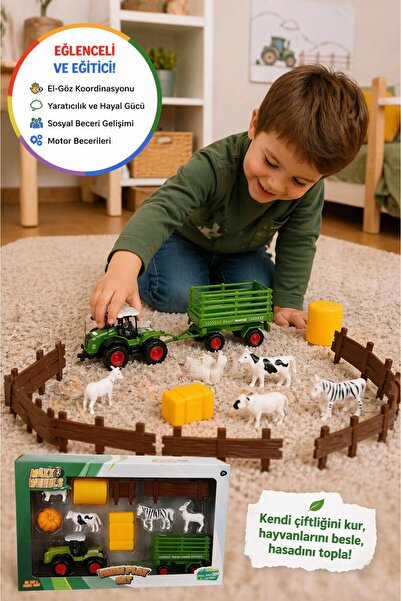 TOYFEST Maxx Wheels Çiftlik Oyun Seti Traktör Römork Hayvan Figürleri Çit Aks...