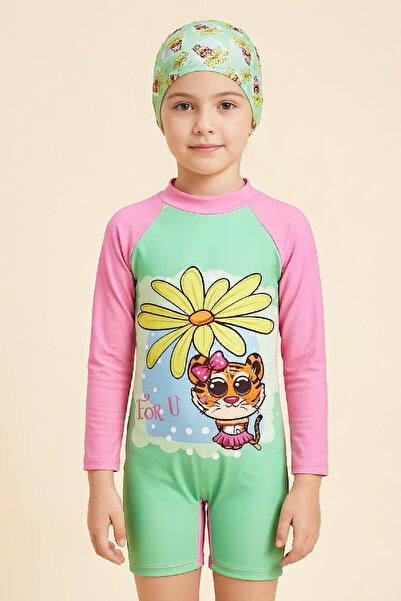 MODANINO Σετ μαγιό για κορίτσια-Μακρυμάνικο μαγιό και σκουφάκι 3-12 ετών 12634N