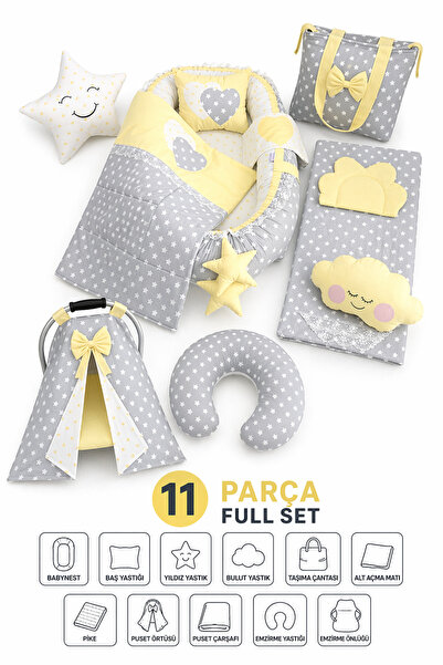 Jaju Baby 11 Parça Full Set Babynest – Sarı & Gri Yıldızlı %100 Pamuk Bebek Y...
