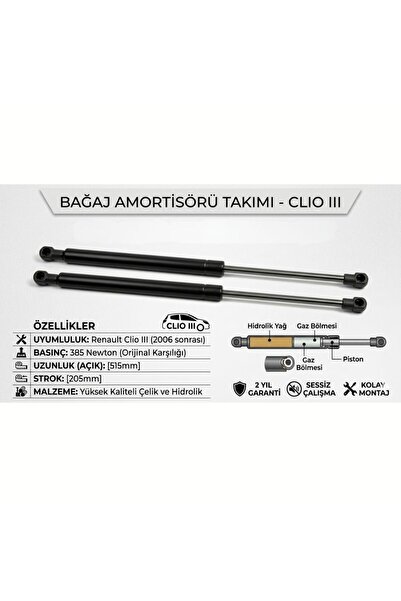 MOTORX Renault Clio 3 Bagaj Amortisörü Takımı (2 Adet) - 2006-2012 Arası Tüm ...