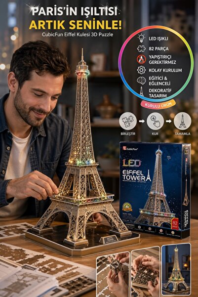 TOYFEST CubicFun 3D Puzzle Eiffel Kulesi LED Işıklı 82 Parça Paris Maket Yeti...