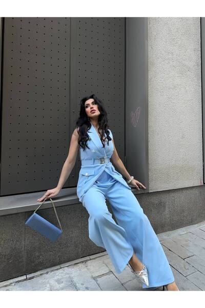 Bella Breeze Γυναικείο Κομψό Σετ Παντελόνι με Λεπτομέρεια Ζώνης και Γιλέκο, Δ...