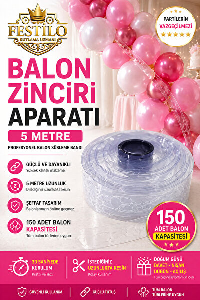 FESTİLO Balon Zinciri Aparatı 5 Metre 150 Balon Kapasiteli Şeffaf Balon Zinci...