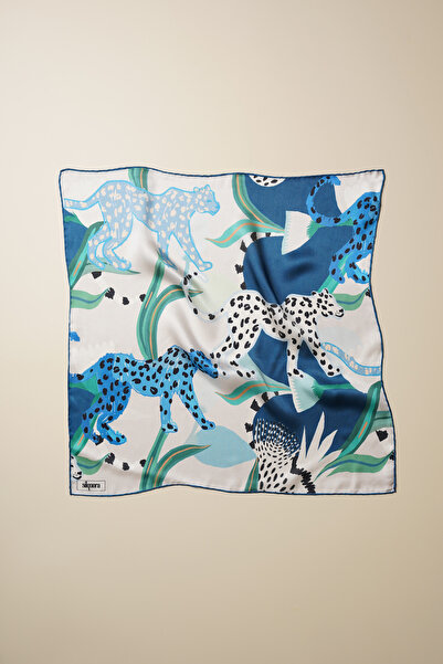 silqoora %100 İpek Bandana Fular Art Collection (55x55 CM)-Azure Felis
