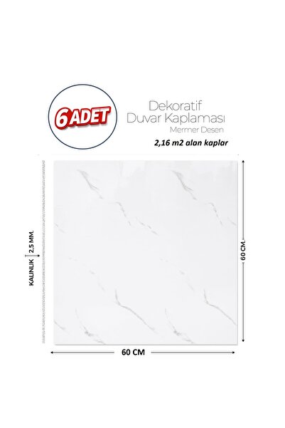 Brano 60X60 cm Kendinden Yapışkanlı Duvar,banyo,tezgah Arası Beyaz Mermer-6 Adet