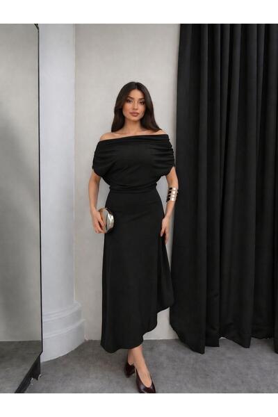 MEGOMEL Γυναικείο Ασύμμετρο Φόρεμα με Ντραπέ Γιακά και Λιλράλ