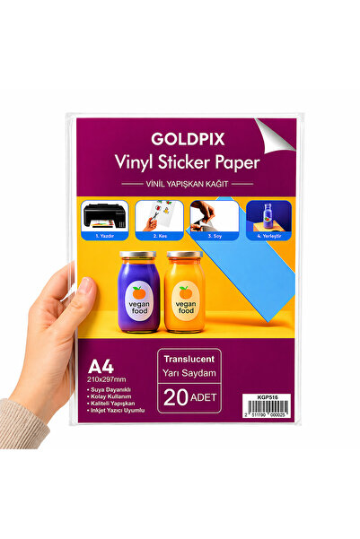 Goldpix A4 Yarı Şeffaf Buzlu Sticker Kağıdı 20 Yaprak Inkjet Uyumlu Kendinden...