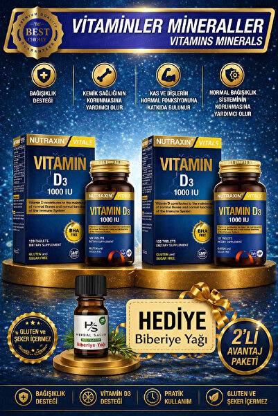 Nutraxin 2 Adet D3 Vitamini 1000uı-(25MCG) Içeren 120 Adet Tablet + HEDİYE Bi...