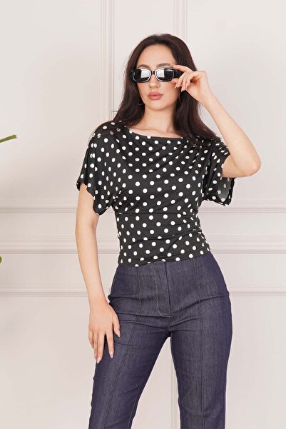 Hipo Trend Polka Dot Patterned Draped Short Sleeve Black Blouse