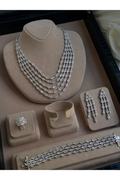 rive.jewelry Zirkon Taşlı Çok Katlı Kolye Seti – Beyaz Altın Kaplama /Rengi 10 yıl garantilidir