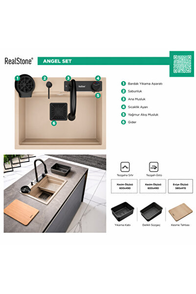 RealStone Real Stone Angel Granit Akıllı Eviye Seti Krem 60X49