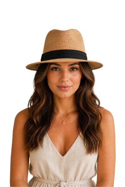 HatClub Exclusive Women's Stylish Straw Hat Trilby Model Wide Brim Summer Beach Vacation Accessory