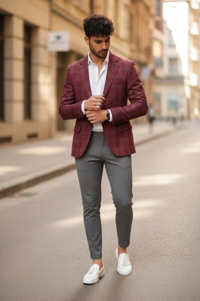 dehaine Ανδρικό σακάκι, στενή γραμμή, καρό, 10324, μπορντό