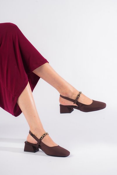Silver Lady Brand Saten Low-Heeled Women's Shoes with Stone Chain Belt, Daily Square Toe Design