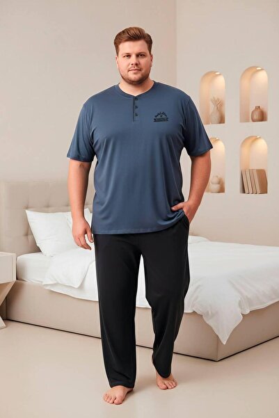 Trendingsize 100% Cotton Large Size Men's Pajama Set with Collar and Placket ...