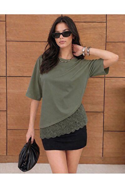 peri tower Khaki Modal Fabric Lace Detailed Soft Loose Cut Women's Blouse 0086