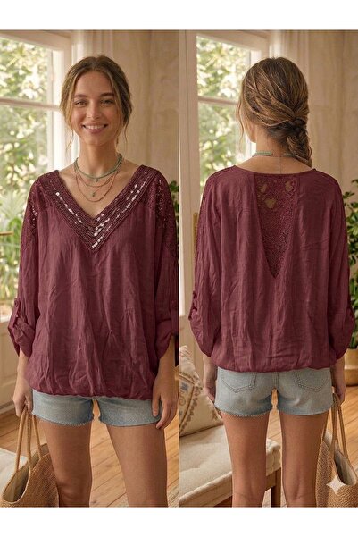 AYASOFYA OTANTIK Γυναικεία ιταλική μπλούζα από μετάξι με έθνικ γιακά και λεπτ...