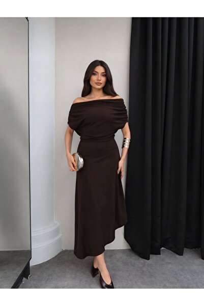 MEGOMEL Γυναικείο Ασύμμετρο Φόρεμα με Ντραπέ Γιακά και Λιλράλ