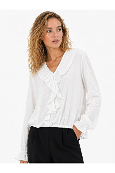 ModaPlaza Γυναικεία μπλούζα με βολάν στο μπροστινό μέρος και μακριά μανίκια 2655