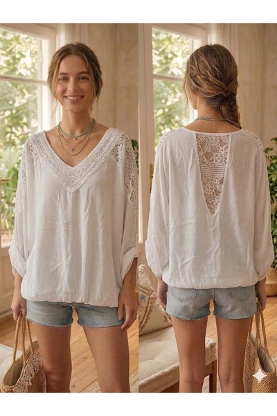 AYASOFYA OTANTIK Γυναικεία ιταλική λευκή έθνικ μπλούζα με λεπτομέρειες από πα...