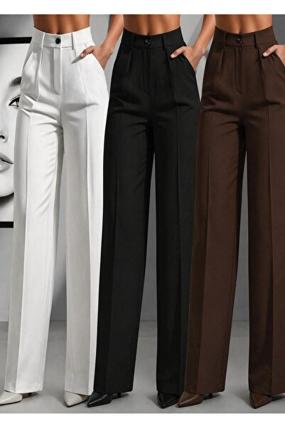 Hera Moda Γυναικείο μαύρο λευκό καφέ παντελόνι 3 τεμαχίων με ψηλή μέση και φα...
