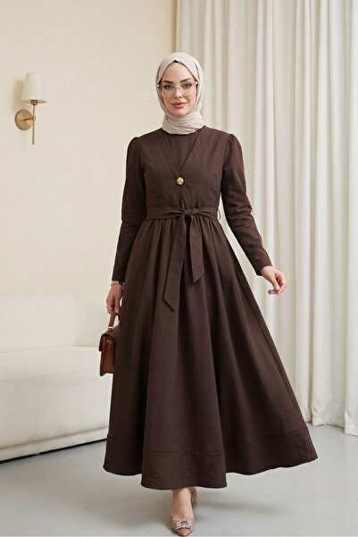 Modamorfo Cupra dress with elastic waist and tie detail - coffee