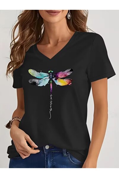 puolikuu Γυναικείο μπλουζάκι με άνετη εφαρμογή και λαιμόκοψη V, με μικτό εμπρ...