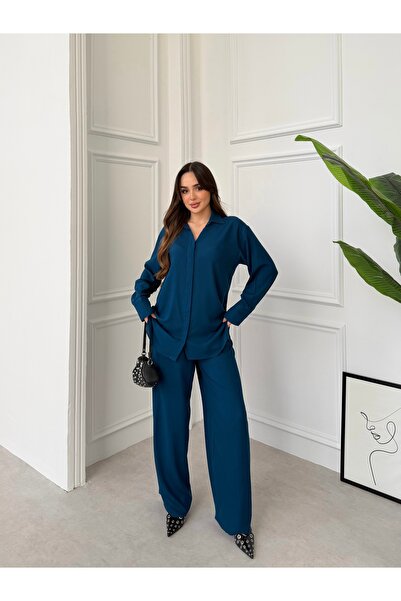 Tubik Women's Hidden Placket Bottom Top Shirt Pants Set