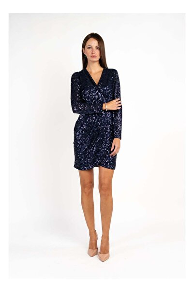 Fashonara Sequenced Shimmery Draped Long Sleeve Dress in Navy