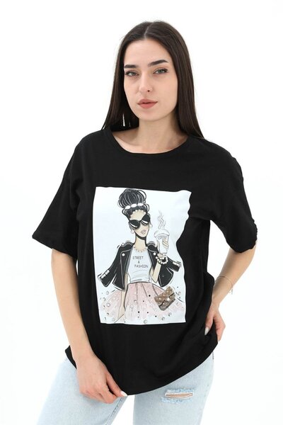 VELİZADE Γυναικείο μπλουζάκι με μαύρο στάμπα και λαιμόκοψη ποδηλάτου, 100% βα...