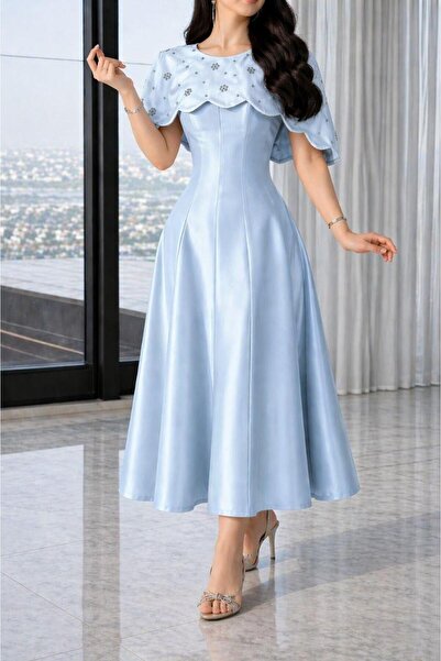 SAMEERAH STYLE Sky Blue Midi Dress with Embroidered Cape and Feminine Waistline