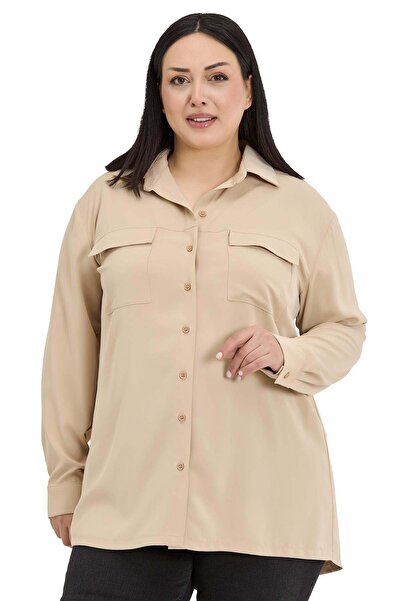 DISENTIS MODEST Μπεζ μακρυμάνικο πουκάμισο με διπλές τσέπες και κουκούλα σε μ...