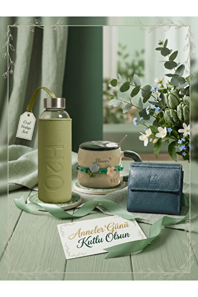 DEERDERİ Genuine Leather Wallet, Mug and Flask Set with Case Mother's Day Gift