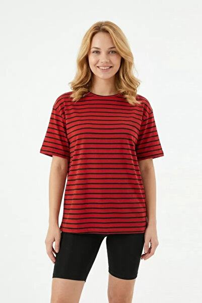 buğrahayalin Women's Horizontal Striped Crew Neck Slim Fit Cotton Short Sleev...