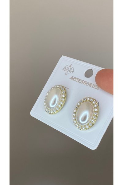 SELUVİA Sedefli Taşlı İnci Model Oval Kadın İnci Boncuklu Vintage Küpe