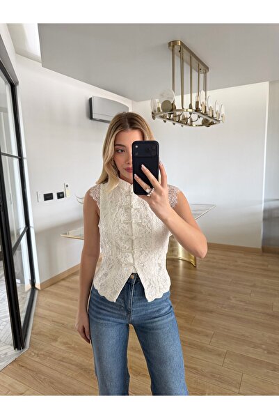 CKBUTİK Ekru Dantelli Oturtmalı Bluz-37199