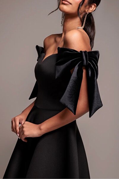 Godiva Γυναικείο Μαύρο Μίντι Βραδινό Φόρεμα με Ανοιχτούς Ώμους, με Φιόγκο, σε...