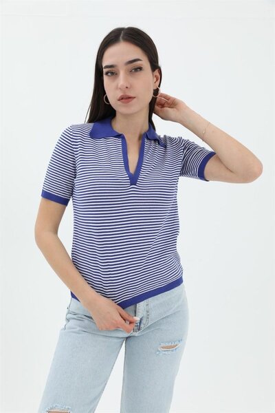 VELİZADE Νέα σεζόν Polo Collar Saks Μπλε ριγέ κοντομάνικο πλεκτό μπλουζάκι απ...