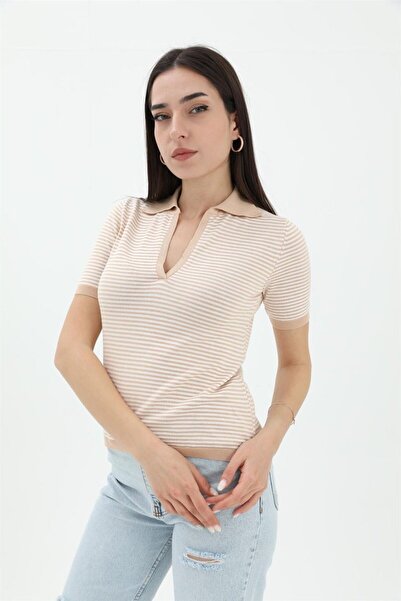 VELİZADE Νέα σεζόν Πόλο Γιακάς Καφέ Ριγέ Κοντομάνικο Πλεκτό Βισκόζινο Casual ...