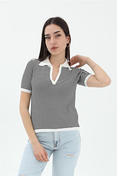 VELİZADE Νέα σεζόν Πόλο Γιακάς Λευκό Ριγέ Κοντομάνικο Πλεκτό Βισκόζη Casual T...