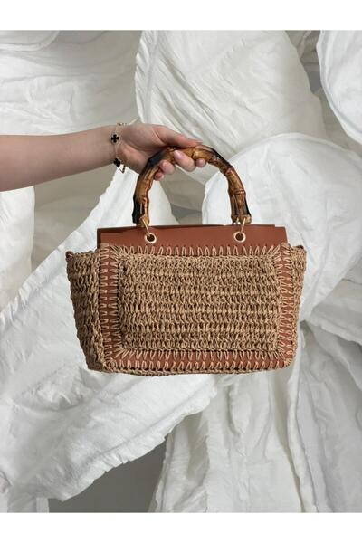 Luminos Butik Ψάθινη τσάντα καμήλας με λαβή από μπαμπού CNT1115