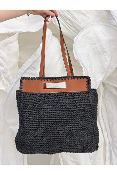 Luminos Butik Μαύρη ψάθινη τσάντα με δερμάτινη λεπτομέρεια στο επάνω μέρος CN...