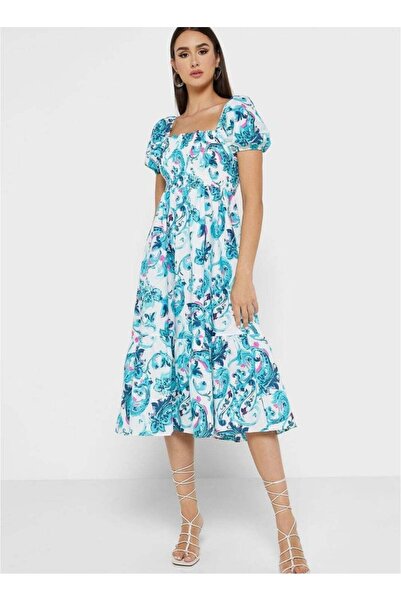 Fashonara Puff Sleeve A-Line Printed Blue&White Dress