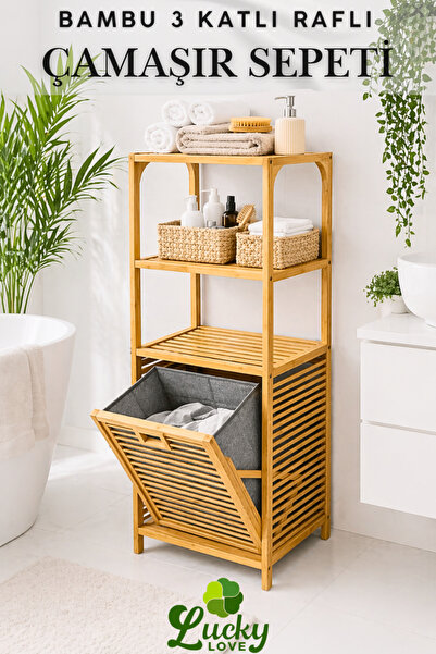 Lucky Love Bambu Lüks Çamaşır Sepetli 3 Raflı Doğal Ahşap Bambu Banyo Rafı Ba...