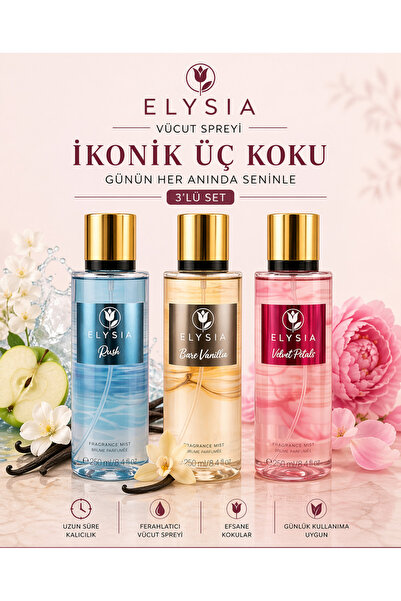 ELYSIA Rush & Bare Vanilla & Velvet Petals 3’lü Kadın Vücut Spreyi Seti 250 m...