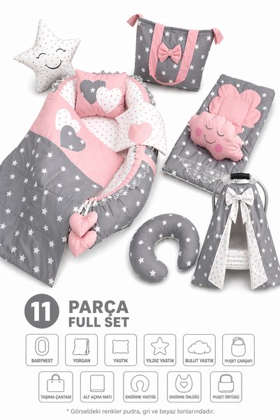 Jaju Baby 11 Parça Babynest Full Set – Pudra Gri Yıldızlı | Çantalı, Puset Ör...